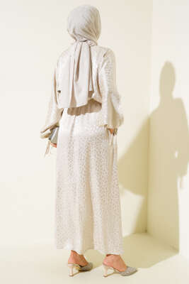 Bel Lastikli Jakar Elbise Bej - Tesettür Elbise