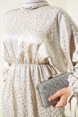 Bel Lastikli Jakar Elbise Bej - Tesettür Elbise