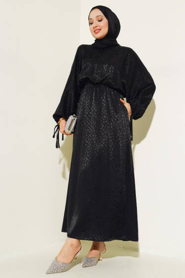 Bel Lastikli Jakar Elbise Siyah - Elbise