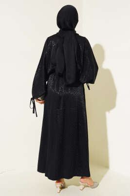 Bel Lastikli Jakar Elbise Siyah - Tesettür Elbise