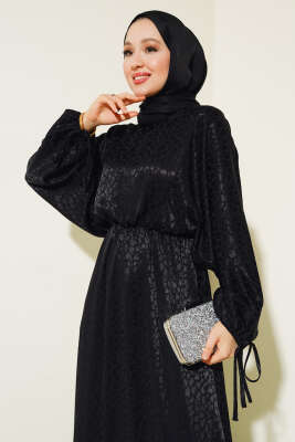 Bel Lastikli Jakar Elbise Siyah - Tesettür Elbise
