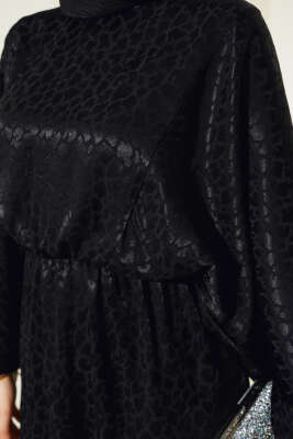 Bel Lastikli Jakar Elbise Siyah - Tesettür Elbise