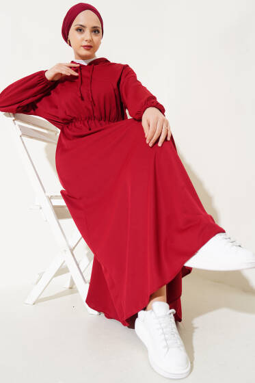 Bel Lastikli Kapüşonlu Elbise Bordo - Elbise