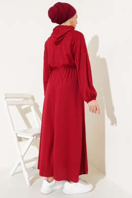 Bel Lastikli Kapüşonlu Elbise Bordo - Tesettür Elbise