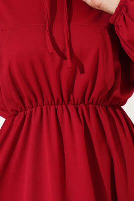 Bel Lastikli Kapüşonlu Elbise Bordo - Tesettür Elbise