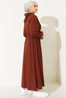 Bel Lastikli Kapüşonlu Elbise Kahve - Tesettür Elbise