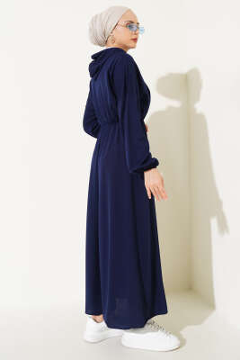 Bel Lastikli Kapüşonlu Elbise Lacivert - Tesettür Elbise