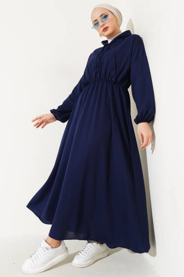 Bel Lastikli Kapüşonlu Elbise Lacivert - Tesettür Elbise
