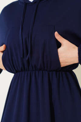 Bel Lastikli Kapüşonlu Elbise Lacivert - Tesettür Elbise