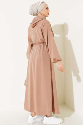 Bel Lastikli Kapüşonlu Elbise Latte - Tesettür Elbise