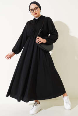 Bel Lastikli Kapüşonlu Elbise Siyah - Tesettür Elbise