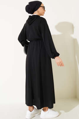 Bel Lastikli Kapüşonlu Elbise Siyah - Tesettür Elbise