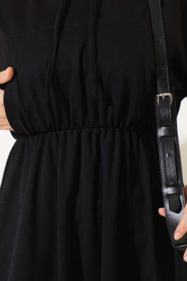 Bel Lastikli Kapüşonlu Elbise Siyah - Tesettür Elbise