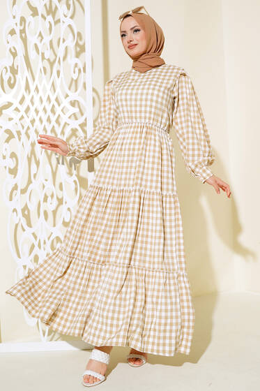 Bel Lastikli Kare Desenli Kat Elbise Bej - Elbise