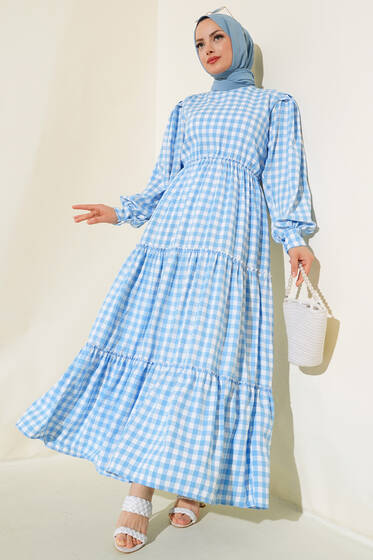 Bel Lastikli Kare Desenli Kat Elbise Mavi - Elbise