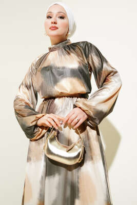 Bel Lastikli Karışık Desen Saten Elbise Hardal - Tesettür Elbise