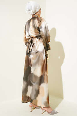 Bel Lastikli Karışık Desen Saten Elbise Hardal - Tesettür Elbise