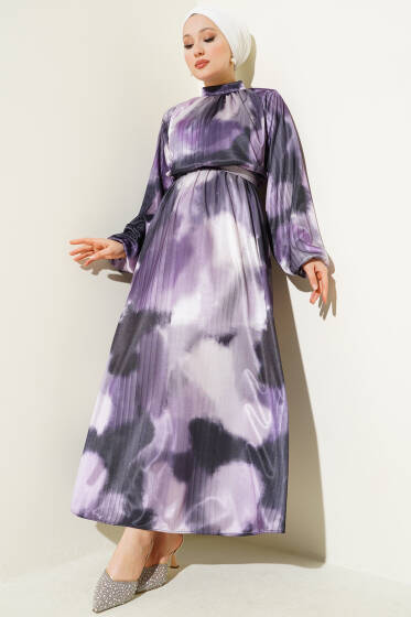 Bel Lastikli Karışık Desen Saten Elbise Lila - Elbise
