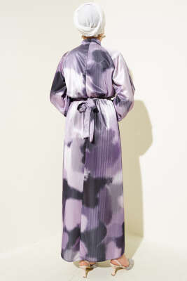 Bel Lastikli Karışık Desen Saten Elbise Lila - Tesettür Elbise