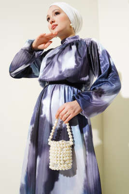 Bel Lastikli Karışık Desen Saten Elbise Mavi - Tesettür Elbise