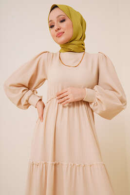 Bel Lastikli Kat Kat Lola Elbise Bej - Tesettür Elbise