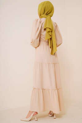 Bel Lastikli Kat Kat Lola Elbise Bej - Tesettür Elbise