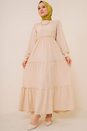 Bel Lastikli Kat Kat Lola Elbise Bej - Tesettür Elbise