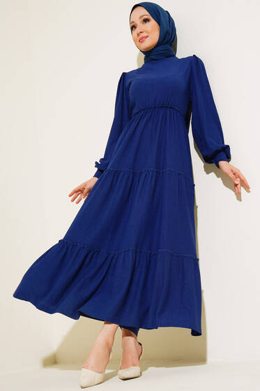 Bel Lastikli Kat Kat Lola Elbise İndigo - Tesettür Elbise
