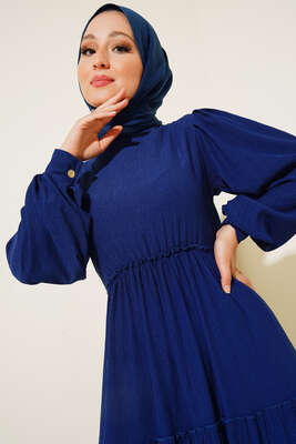Bel Lastikli Kat Kat Lola Elbise İndigo - Tesettür Elbise