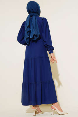 Bel Lastikli Kat Kat Lola Elbise İndigo - Tesettür Elbise