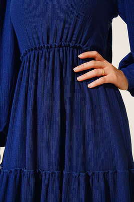 Bel Lastikli Kat Kat Lola Elbise İndigo - Tesettür Elbise