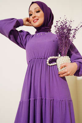 Bel Lastikli Kat Kat Lola Elbise Lila - Tesettür Elbise