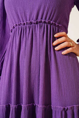 Bel Lastikli Kat Kat Lola Elbise Lila - Tesettür Elbise