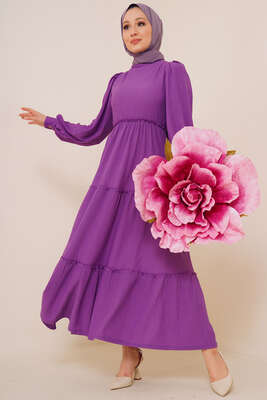 Bel Lastikli Kat Kat Lola Elbise Menekşe 