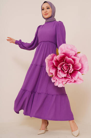 Bel Lastikli Kat Kat Lola Elbise Menekşe - Tesettür Elbise