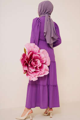 Bel Lastikli Kat Kat Lola Elbise Menekşe - Tesettür Elbise