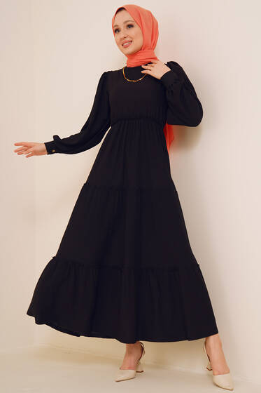 Bel Lastikli Kat Kat Lola Elbise Siyah - Tesettür Elbise