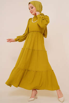 Bel Lastikli Kat Kat Lola Elbise Yağ Yeşili 