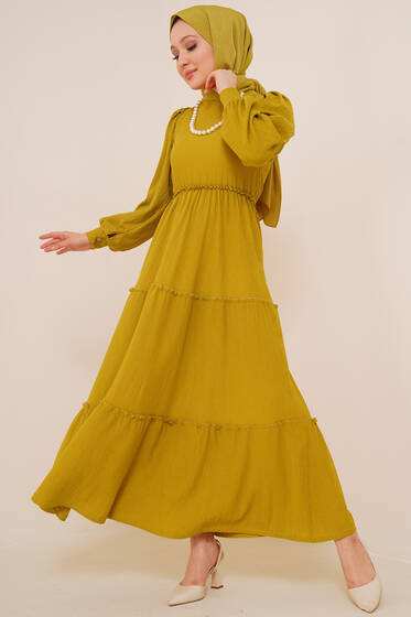 Bel Lastikli Kat Kat Lola Elbise Yağ Yeşili - Tesettür Elbise