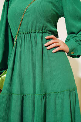 Bel Lastikli Kat Kat Lola Elbise Yeşil - Tesettür Elbise