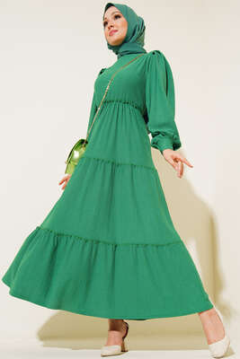 Bel Lastikli Kat Kat Lola Elbise Yeşil 