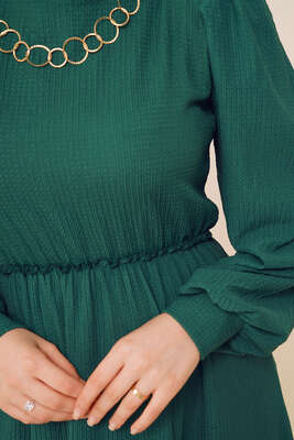 Bel Lastikli Kat Kat Lola Elbise Zümrüt Yeşili - Tesettür Elbise