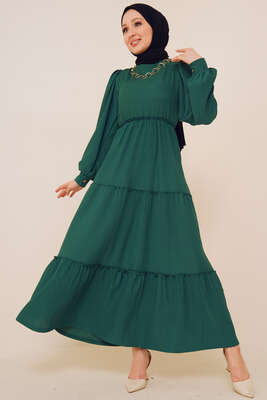 Bel Lastikli Kat Kat Lola Elbise Zümrüt Yeşili 