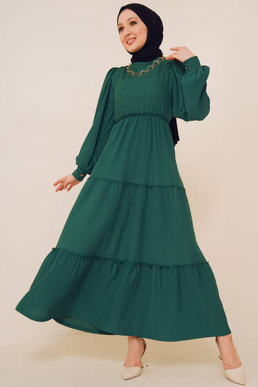 Bel Lastikli Kat Kat Lola Elbise Zümrüt Yeşili - Tesettür Elbise