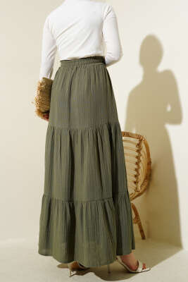 Bel Lastikli Kat Kat Müslin Etek Haki - Uzun Etek