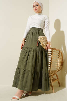 Bel Lastikli Kat Kat Müslin Etek Haki - Uzun Etek