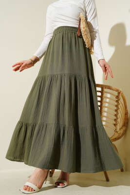 Bel Lastikli Kat Kat Müslin Etek Haki - HELLIE