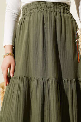 Bel Lastikli Kat Kat Müslin Etek Haki - Uzun Etek