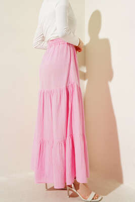 Bel Lastikli Kat Kat Müslin Etek Pembe - Uzun Etek