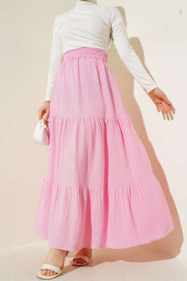 Bel Lastikli Kat Kat Müslin Etek Pembe 